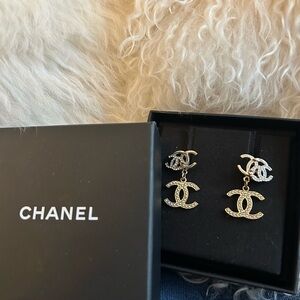 Chanel Triple CC Pearly White Earrings Light Gold and Silver